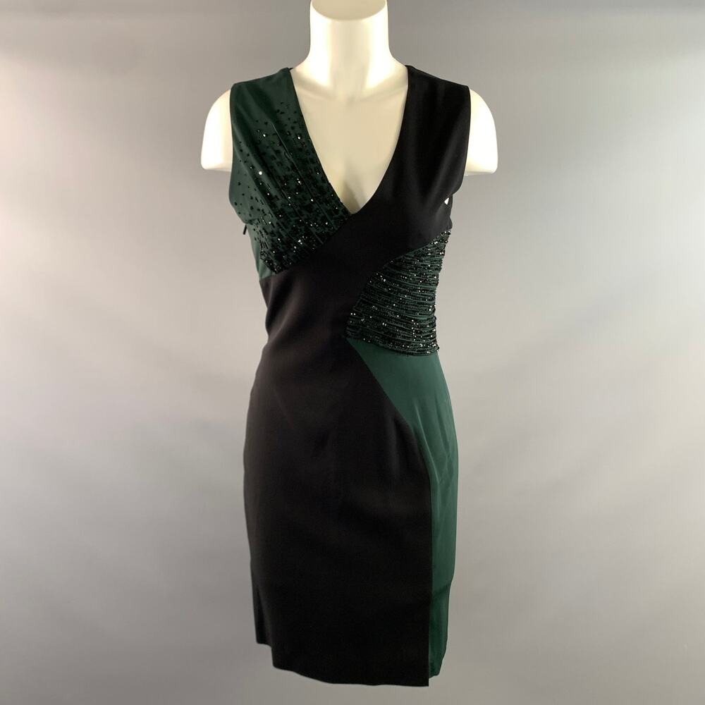 GIANNI VERSACE FW2018 Black Green Beaded V-Neck Cocktail Dress Size 6